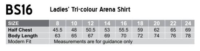A chart displaying size measurements for the Women's Tri-Colour Arena Shirt, featuring various sizes and dimensions.