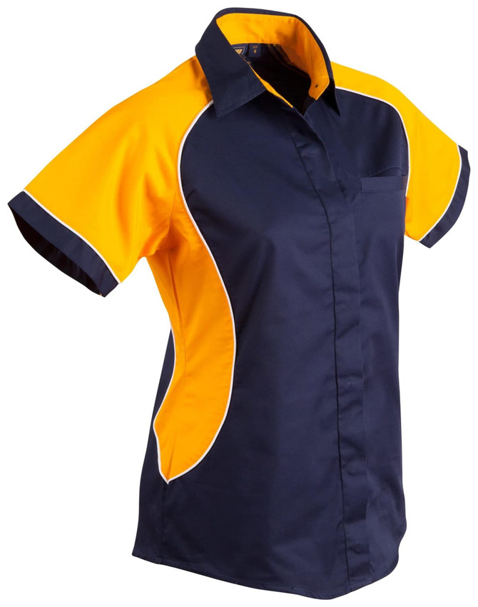 A women's button-up shirt in navy blue with bright orange contrasting panels and a logo on the chest.