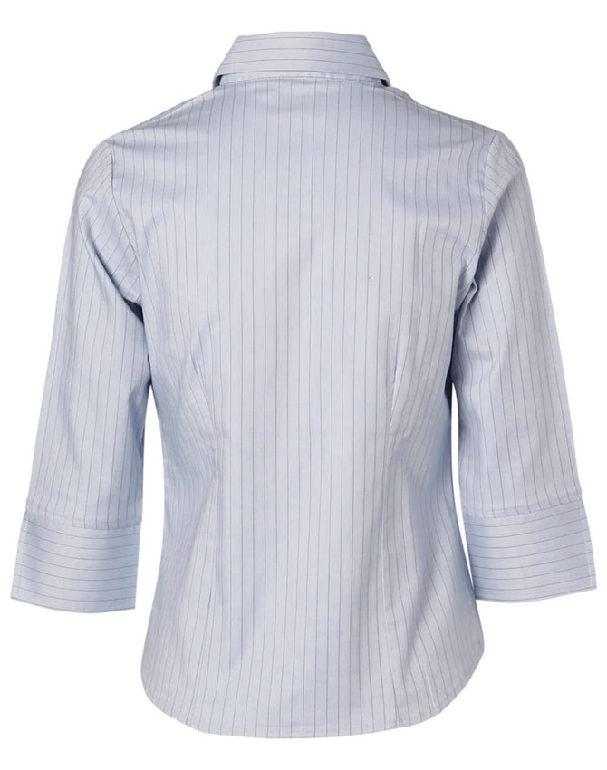 A light blue, striped, ladies' 3/4 sleeve stretch button-up shirt with a collar and rolled sleeves.