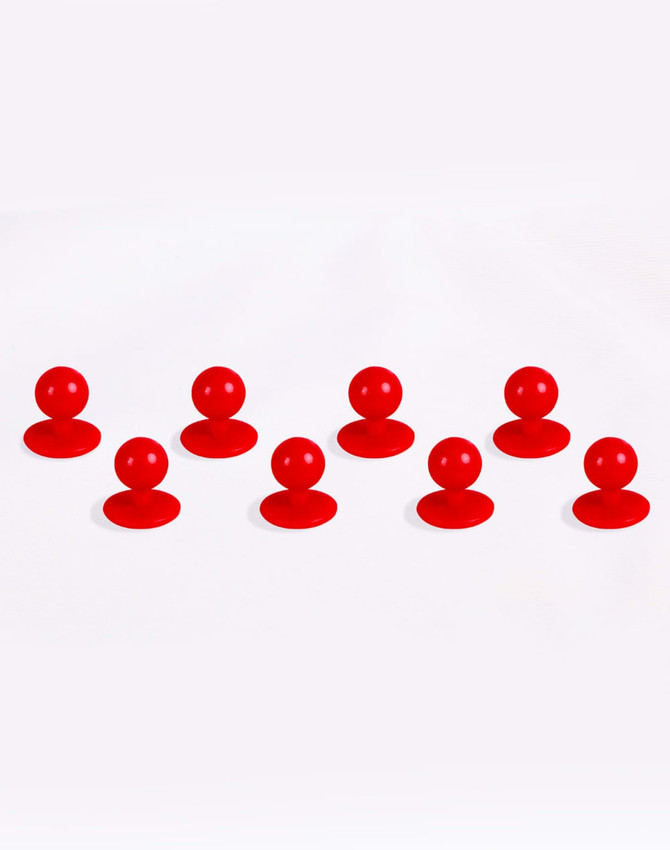 Eight red exchangeable buttons displayed on a light background, with a simple circular design.