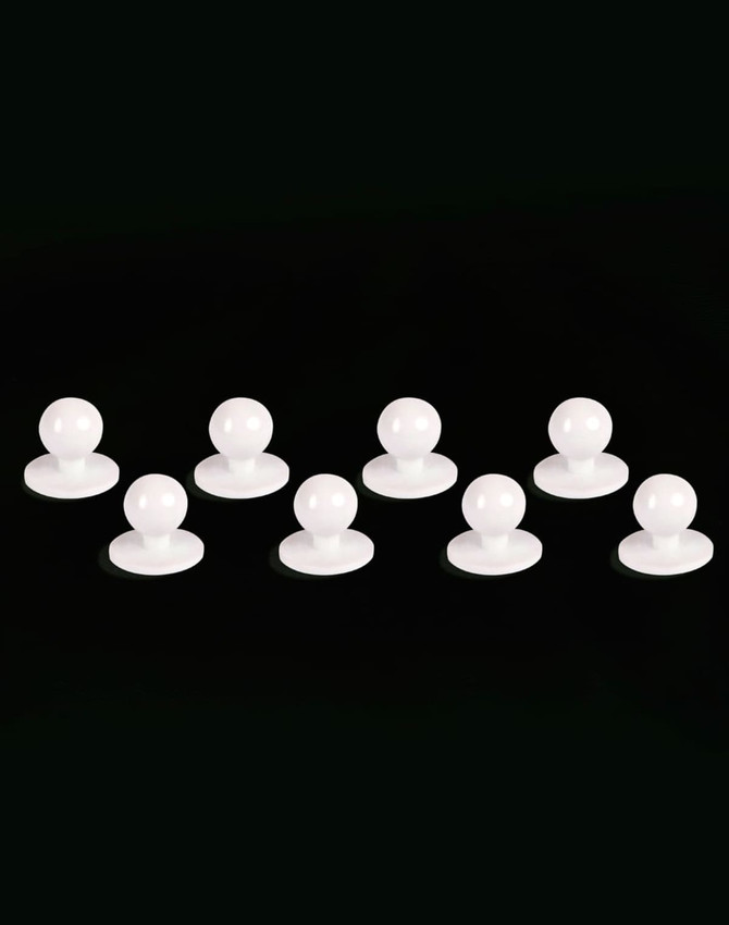 Eight white exchangeable buttons for chef uniforms, featuring a round shape with a flat base.
