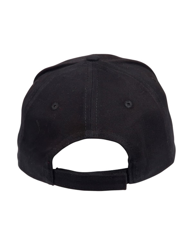 A black heavy brushed cotton cap with a rear adjustable strap and ventilation holes. Features a logo on the side.