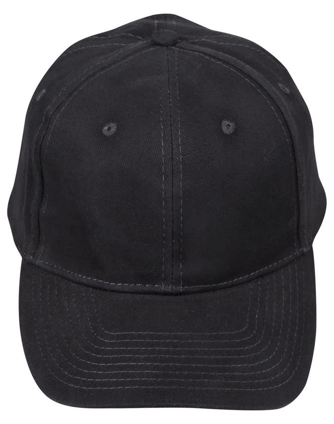 A black heavy brushed cotton cap with a curved brim and six-panel construction. It features a logo on the front.