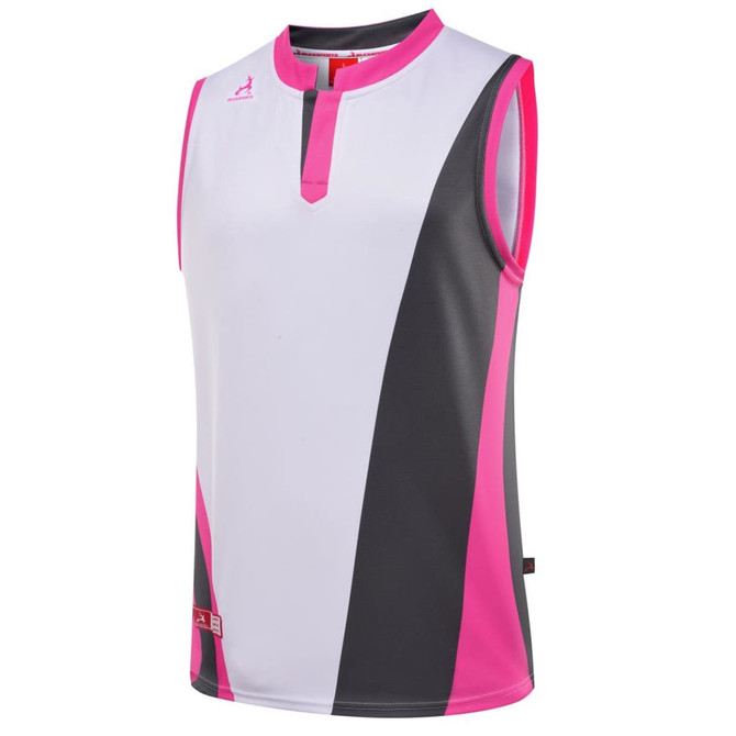 AFL singlet in white with pink and grey accents, featuring a logo on the front.
