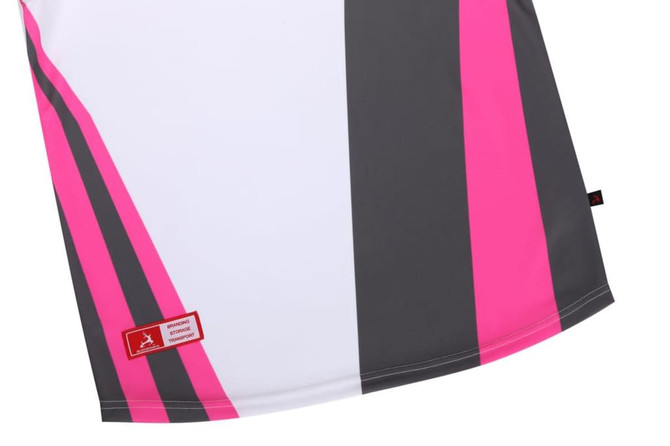 A single AFL singlet featuring pink, grey, and white stripes, with a branding logo on the side.