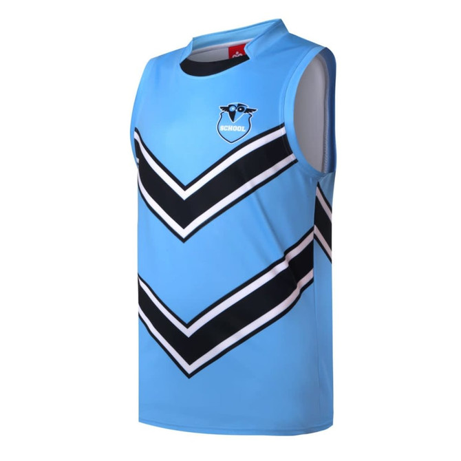 A sleeveless AFL vest in light blue with black and white diagonal stripes and a logo on the front.