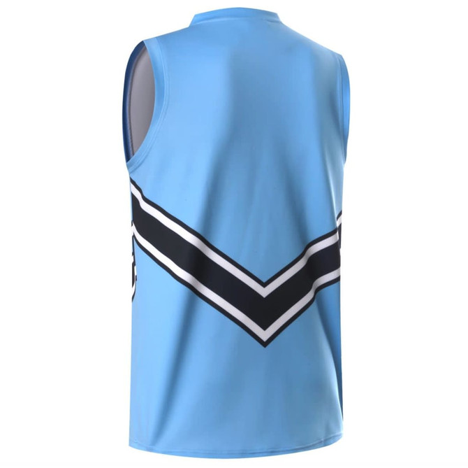 AFL vest in light blue with a black and white chevron design on the back. It features a logo on the fabric.