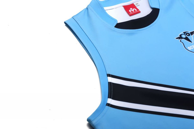 AFL vest in light blue with black and white stripes, featuring a logo on the front.