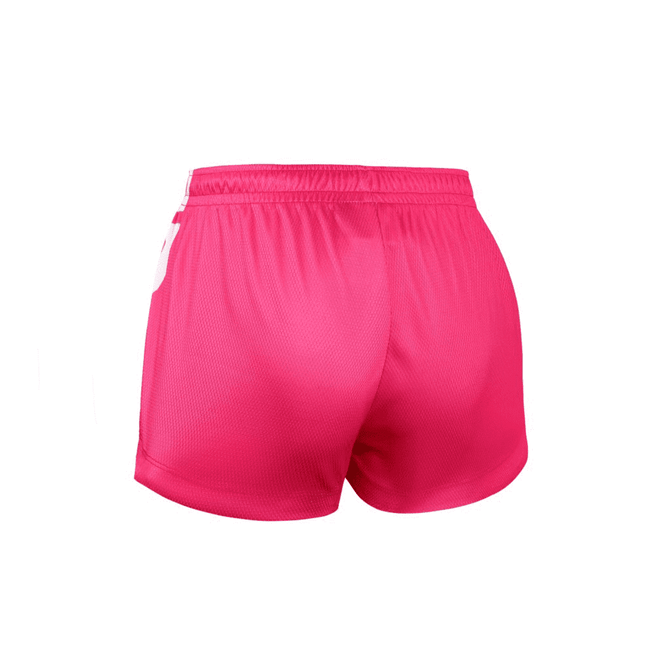 Pink volleyball shorts featuring a breathable fabric and an elastic waistband, with a logo on the side.