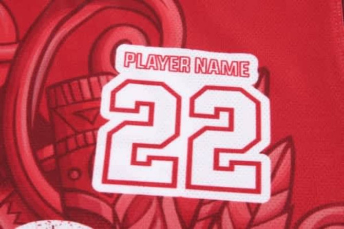 A red basketball uniform jersey featuring a player number "22" and a logo.