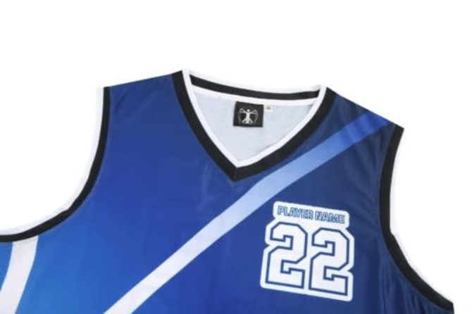 A blue basketball jersey featuring a v-neck design, with a number 22 and a placeholder for a player's name.