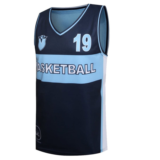 A reversible basketball top featuring navy and light blue colours, with a logo and the word "BASKETBALL" on it.