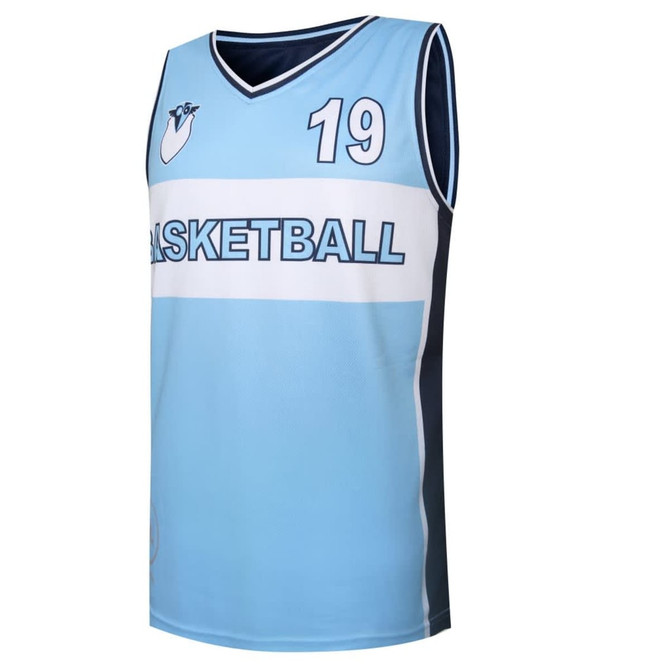 A reversible basketball top in light blue and navy, featuring a logo and the number 19.