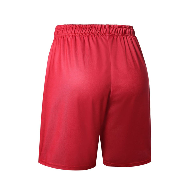 Red women's basketball uniform shorts with an elastic waistband and a simple design. Features a logo on the fabric.