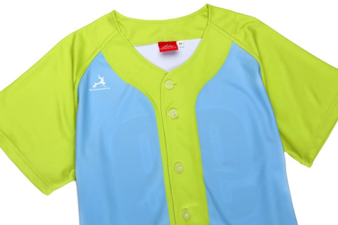 A baseball full button tee in light blue and neon green, featuring a logo on the front.
