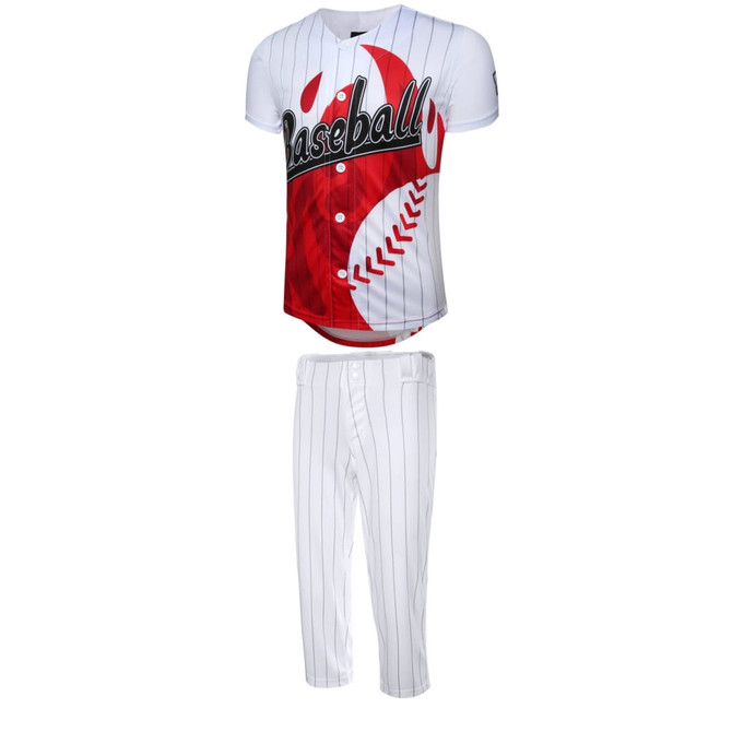A baseball uniform featuring a red and white jersey with a baseball graphic and white pinstriped pants. It has a logo.