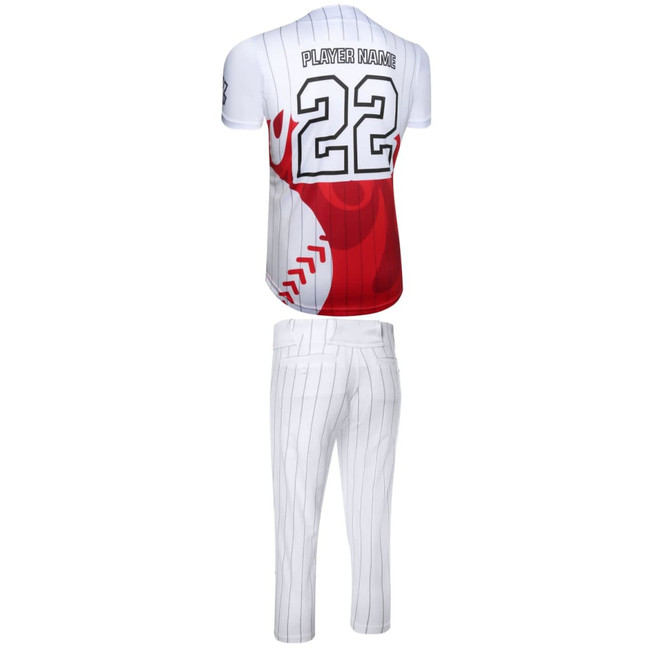 A baseball uniform featuring a red and white jersey with a player number and white pinstriped pants. Includes a logo.