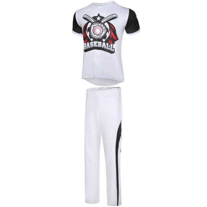 White baseball jersey with black sleeves and graphic design, paired with white pants featuring black accents.