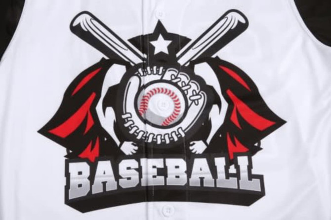 A white baseball jersey featuring a graphic design with red and black accents, showcasing baseball bats and a ball.