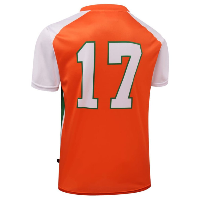 An orange and white sports jersey featuring the number 17 on the back, with a green accent.