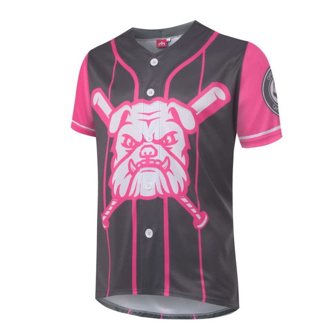 A black and pink baseball jersey with a bulldog graphic and buttons on the front. It features short sleeves and a logo.