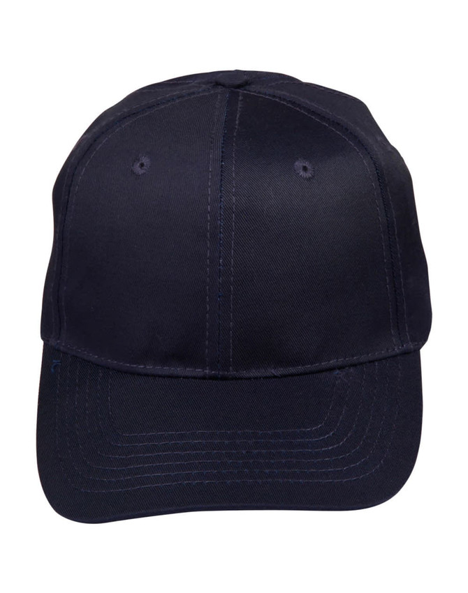A navy blue polycotton twill cap with a structured design and a logo on the front.