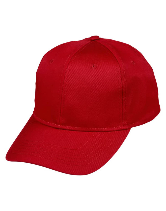 A red polycotton twill cap featuring a structured design and a logo on the front.