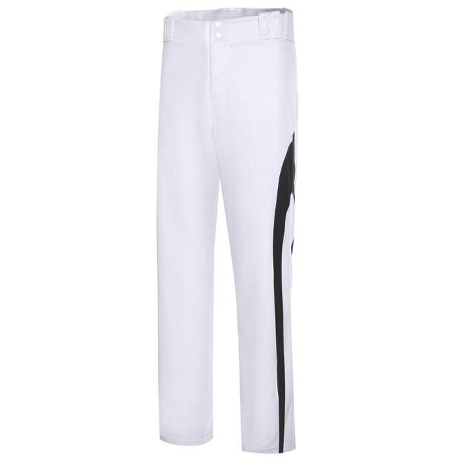 White baseball training pants with a black side stripe. The pants feature a branding logo on the waistband.