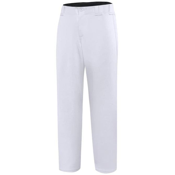 A pair of white baseball or cricket pants with a black waistband and a logo.