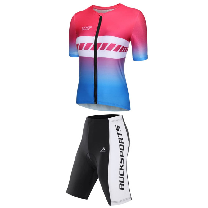 A cycling jersey in pink and blue gradient paired with black shorts featuring a branding logo.