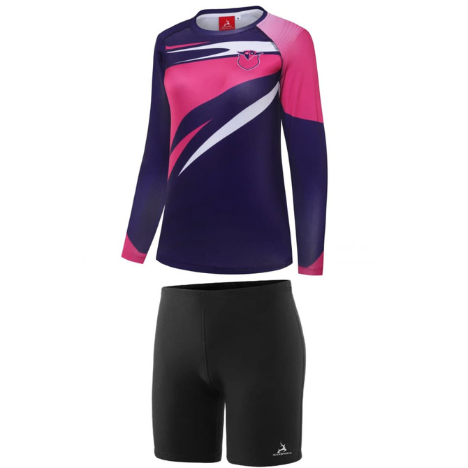 A sports uniform featuring a long-sleeve jersey in navy and pink, paired with black shorts, includes a logo.