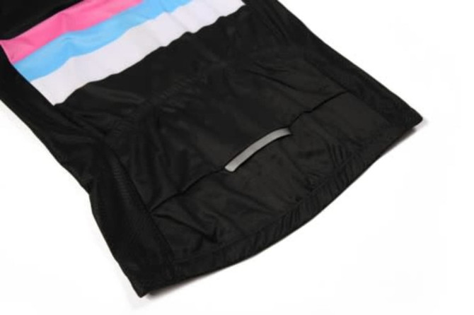 A black cycling jersey featuring horizontal stripes in pink, blue, and white, with a pocket at the back.