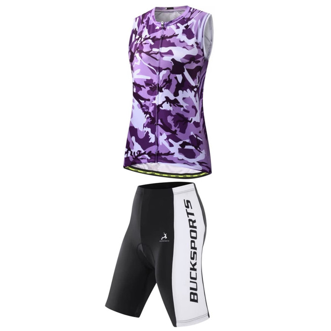 A purple camo cycling jersey with a black and white shorts design, featuring a logo on the shorts.