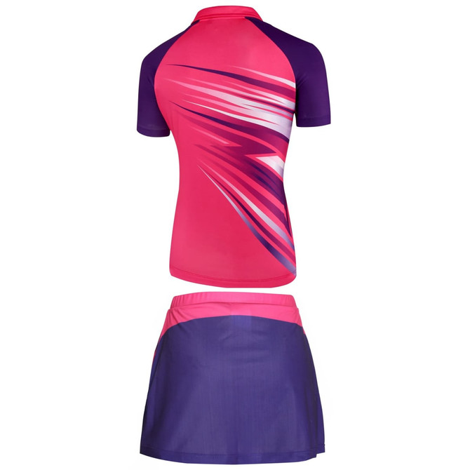 A red cycling jersey with a gradient design and matching black shorts; features a logo.