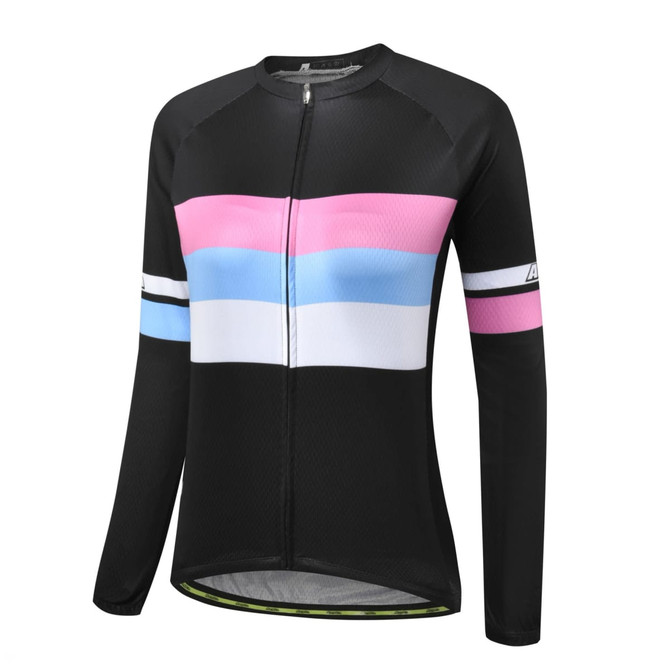 A cycling racing top in black with pink, blue, and white horizontal stripes, featuring a front zipper and long sleeves.