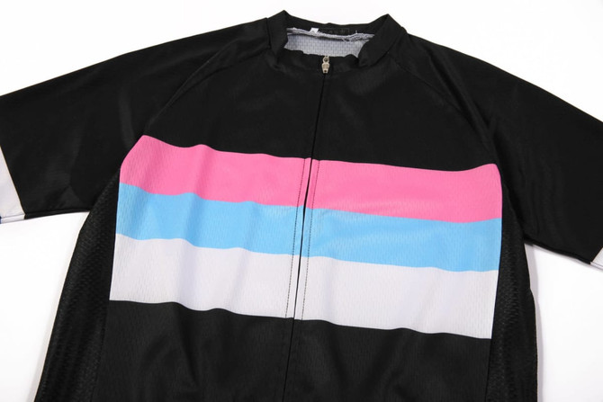 A cycling racing top featuring horizontal stripes in pink, blue, and black with a zippered front. Includes a logo.