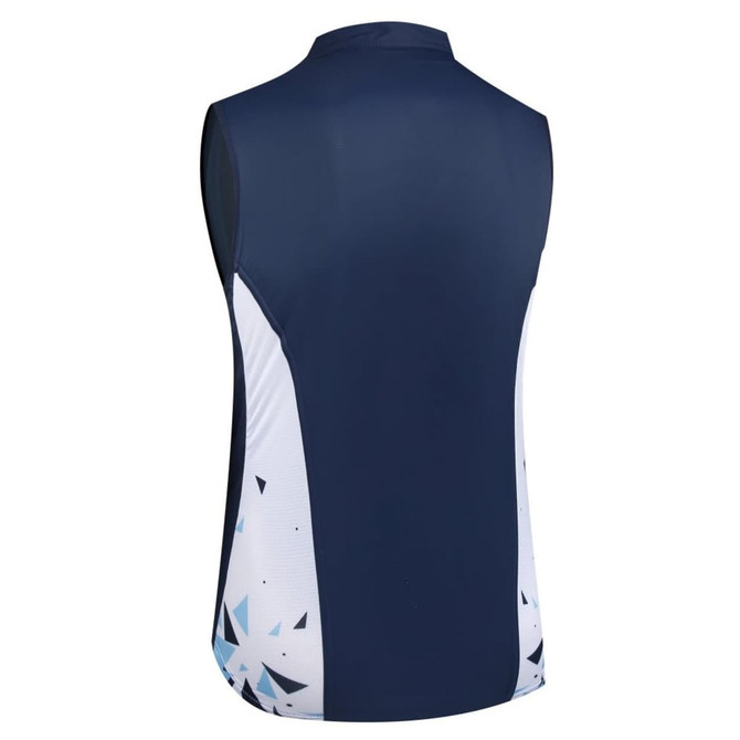 A sleeveless, navy waterproof vest featuring a geometric pattern in white and light blue on the sides. It has a logo.