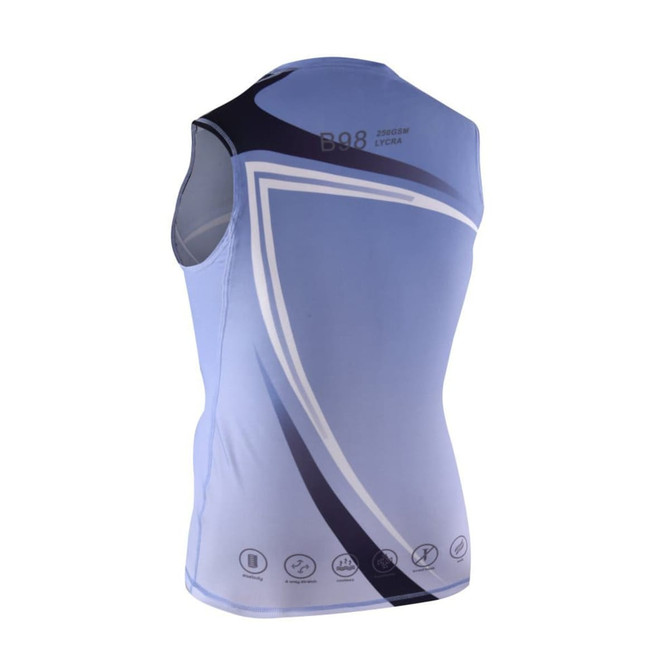 A sublimation activewear vest in light blue with a sleek design and a logo. The back features dynamic, curved lines.