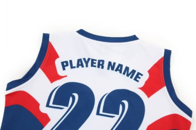 AFL women's uniform featuring red, white, and blue colours, with a round neck and space for player name and number.