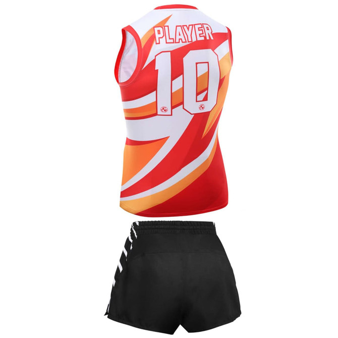 A red AFL jersey with a colourful design and the number 10, paired with black shorts. Features a branding logo.