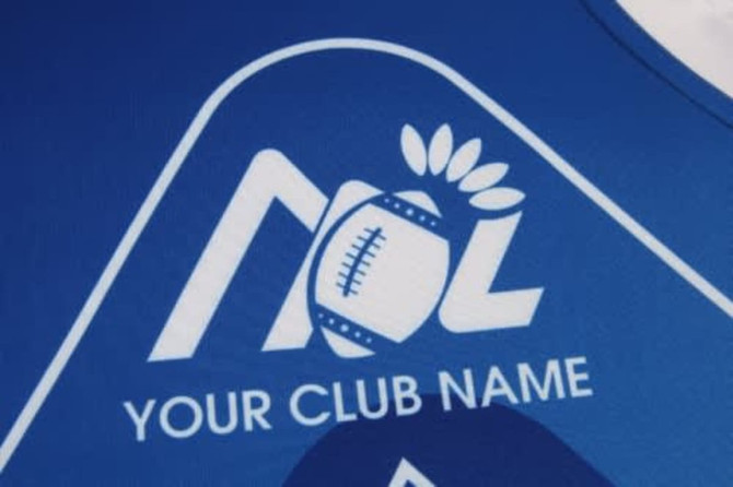 A blue sports jersey featuring an emblem and a placeholder for a club name.
