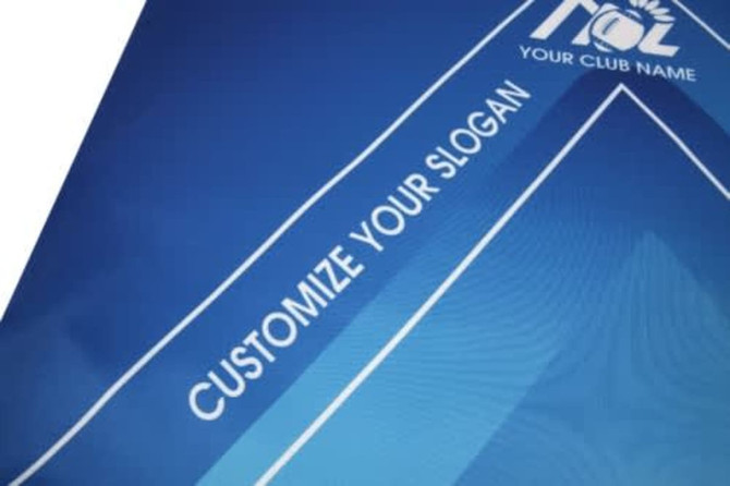 A blue sports jersey featuring a logo and space for customisation with a slogan.