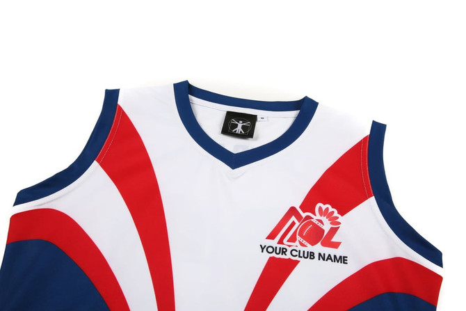 AFL uniform women's singlet in white with red and blue stripes, featuring a logo on the front.