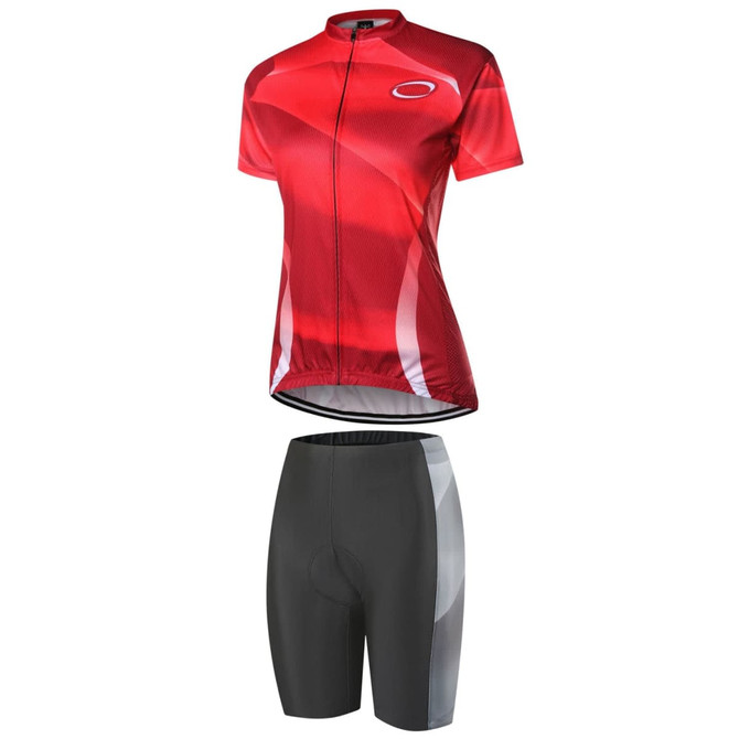 A red cycling jersey with a grey and black cycling short, featuring a logo on the jersey.