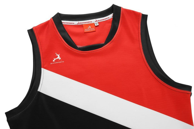 A red, black, and white AFL singlet featuring a logo on the front and a classic sporty design.