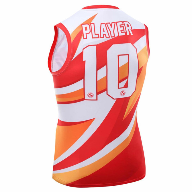 A red and orange Australian rules football jersey featuring a bold design and a number 10. It has a logo on it.