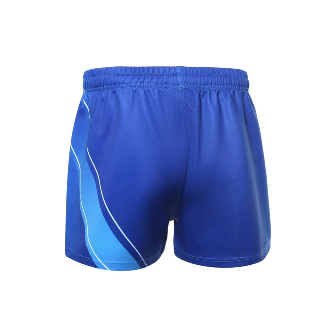 Blue athletic shorts featuring a stylish design with varying shades of blue and an elastic waistband. Contains branding.