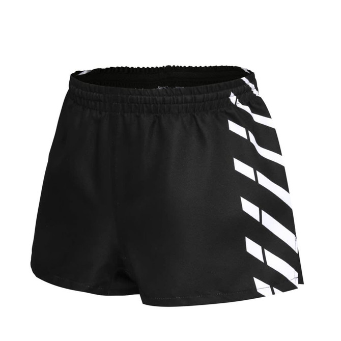 Black football shorts with a white geometric pattern on the side, featuring an elastic waistband and a branded logo.
