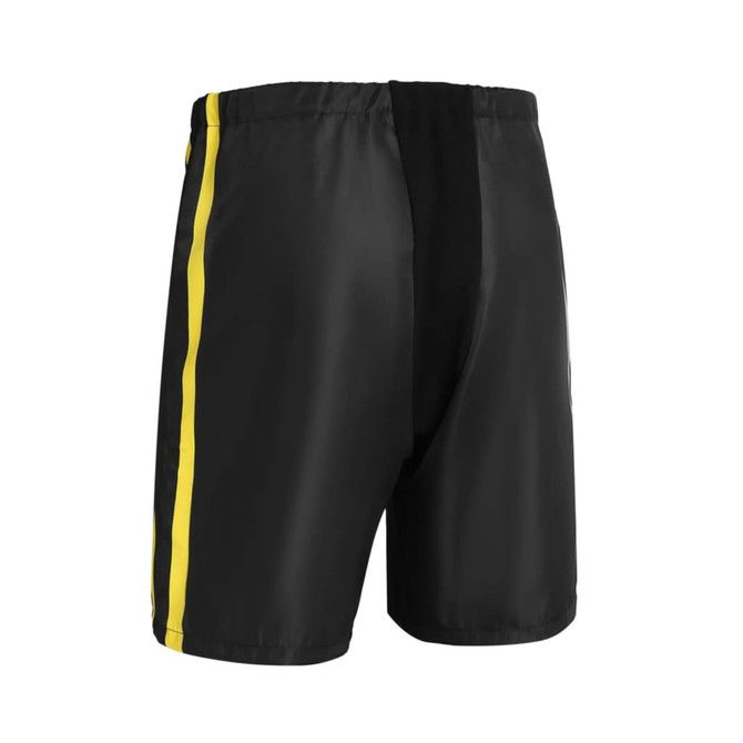 Black ice hockey shorts featuring yellow side stripes, designed with a comfortable fit and a logo on the waistband.