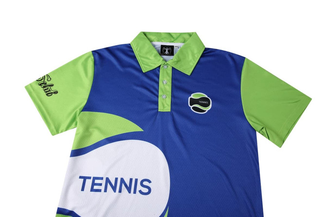 A blue and lime green tennis team uniform featuring a collar and a logo.